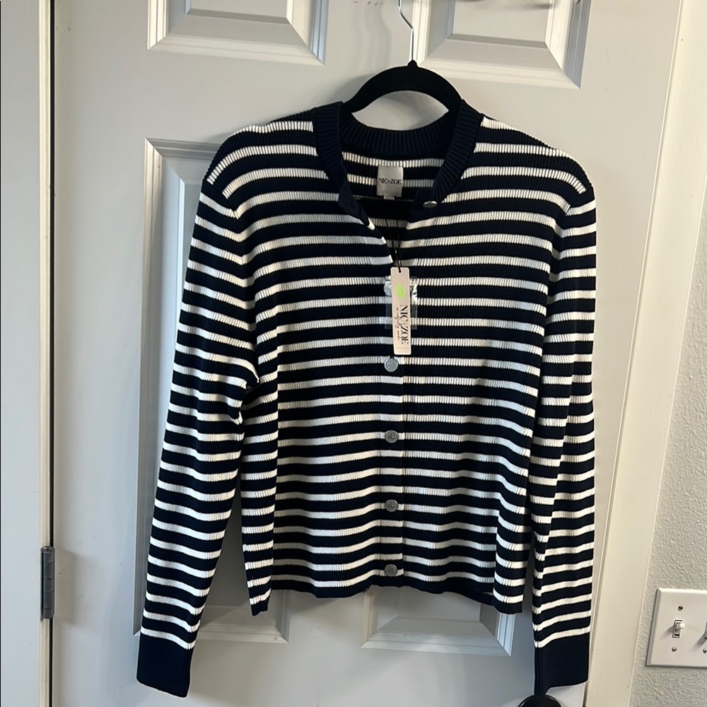 NIC+ZOE Navy and White Striped Sweater